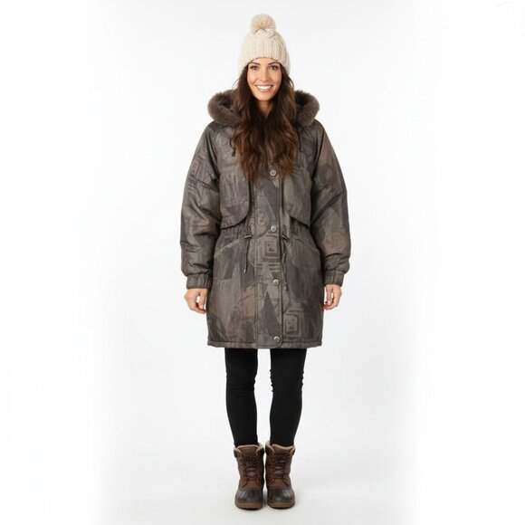 Vintage Northern Climate Parka Winter Coat Camo Olive Green Brown Faux Fur Hood - Picture 1 of 16